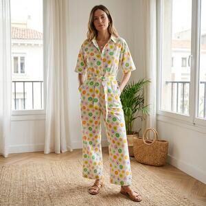 Compania Fantastica White Floral Print 60s Cotton Button Jumpsuit, size S